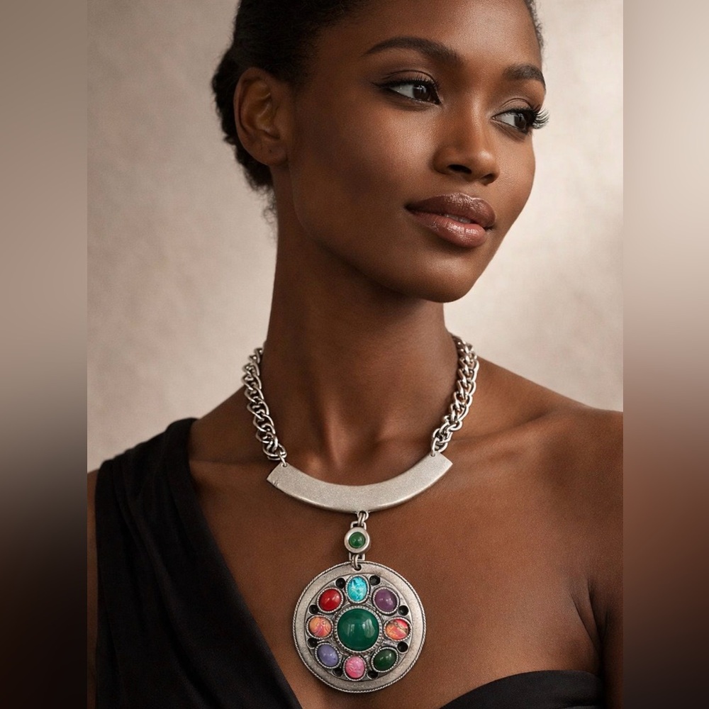 Handcrafted necklace with multicolored ethnic-style medallion, LIKE NEW